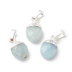 Aquamarine Natural Aquamarine Charms, with Silver Tone Brass Findings, Faceted, Cadmium Free & Lead Free, Oval, 14x8x5mm, Hole: 6x4mm