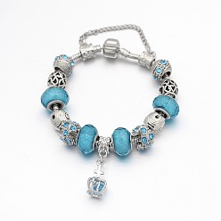 Sky Blue Crown Alloy Rhinestone Enamel European Beaded Bracelets, with Resin European Beads, Brass Chains and Alloy Clasps, Sky Blue, 180mm