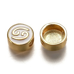 Cancer Brass Beads, with Enamel, Flat Round with Constellation, Real 18K Gold Plated, White, Cancer, 10x5mm, Hole: 4.5x2.5mm