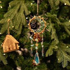 Golden Wire Wrapped Natural Green Aventurine & Metal Sun with Moon Pendant Decorations, with Agate Slice, for Garden Window Hanging Suncatchers, Golden, 390x120mm
