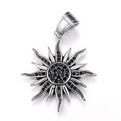 Antique Silver 316 Surgical Stainless Steel Rhinestone Pendants, Sun, Antique Silver, 39x34.5x5mm, Hole: 7x10mm