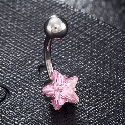 Pink Piercing Jewelry, Brass Cubic Zirciona Navel Ring, Belly Rings, with 304 Stainless Steel Bar, Lead Free & Cadmium Free, Star, Pink, 20mm, Star: 8mm, Bar: 15 Gauge(1.5mm), Bar Length: 3/8"(10mm)