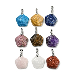 Mixed Stone Natural Mixed Stone Carved Pendants, Flower Charms with Rack Plating Platinum Plated Brass Pinch Bails, Mixed Dyed and Undyed, 30x22.5x7.5mm, Hole: 4.5x4mm