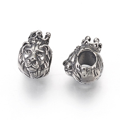 Antique Silver 316 Surgical Stainless Steel European Beads, Large Hole Beads, Lion, Antique Silver, 12x8x11mm, Hole: 4.5mm