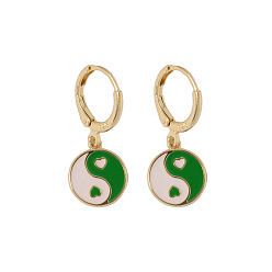 Verde Aretes colgantes de aleación de esmalte yin yang, joyas de latón chapado en oro para mujer., verde, 28x11.5 mm