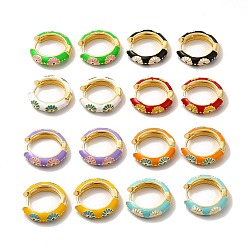 Mixed Color Daisy Flower Enamel Hoop Earrings, Real 18K Gold Plated Brass Jewelry for Women, Lead Free & Cadmium Free, Mixed Color, 19x4.5x19.5mm, Pin: 1mm