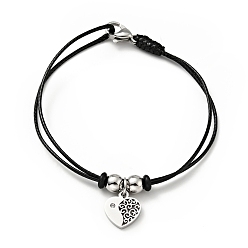 Stainless Steel Color 304 Stainless Steel Heart Charm Bracelet with Waxed Cord for Women, Stainless Steel Color, 7 inch(17.8cm)