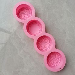 Pink Moules en silicone de savon de bricolage, pour la fabrication de savons artisanaux, plat rond avec motif floral, 4 cavités, rose, 325x91x30mm, diamètre intérieur: 68x27 mm