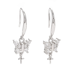 Platinum Rhodium Plated 925 Sterling Silver Earring Hooks, with Clear Cubic Zirconia, Butterfly, for Half Drilled Beads, Platinum, 27mm, 21 Gauge, Pin: 0.7mm and 0.6mm, Tray: 6x3mm