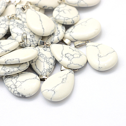 Howlite Teardrop Natural Howlite Pendants, with Platinum Tone Brass Findings, 25~29x16~17x5~6mm, Hole: 2x7mm