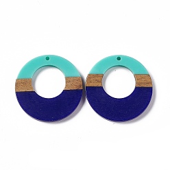 Dark Blue Opaque Resin & Walnut Wood Pendants, Ring Charms, Dark Blue, 38x3.5mm, Hole: 2mm