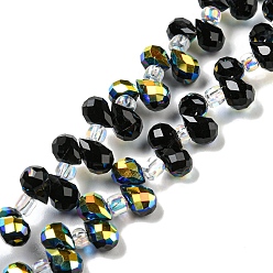 Noir Plaquent verre transparent perles brins, de couleur plaquée ab , larme à facettes, top foré, noir, 6x4mm, Trou: 0.8mm, Environ 97~102 pcs/chapelet, 10.63''~14.80'' (27~37.6 cm)