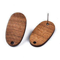 Peru Walnut Wood Stud Earring Findings, with Hole and 304 Stainless Steel Pin, Oval, Peru, 27x15mm, Hole: 2mm, Pin: 0.7mm
