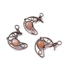 Sunstone Natural Sunstone Pendants, Moon Charms, with Rack Plating Red Copper Tone Brass Findings, Cadmium Free & Lead Free, 31.5~33x22x8.5mm, Hole: 2.5~3mm