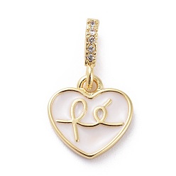 White Cubic Zirconia Charms, with Brass Findings and Enamel, Heart, Golden, White, 12x11.5x2mm, Hole: 2x3.5mm
