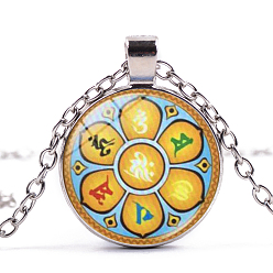 Platinum 7 Chakra Glass Pendant Necklace, Yoga Theme Alloy Jewelry for Women, Platinum, 50~55cm