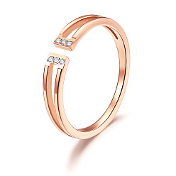 Rose Gold SHEGRACE Titanium Steel Finger Rings, Open Thin Band Cuff Rings, Open Rings, with Grade AAA Cubic Zirconia, Rose Gold, Size 9, 19mm
