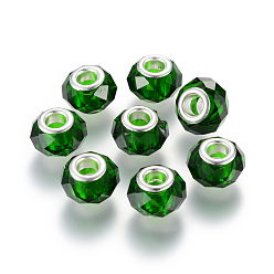 Dark Green Handmade Glass European Beads, Large Hole Beads, Silver Color Brass Core, Dark Green, 14x8mm, Hole: 5mm