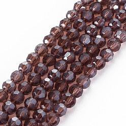 Saddle Brown Electroplate Glass Bead Strands, Pearl Luster Plated, Faceted(32 Facets), Round, Saddle Brown, 4mm