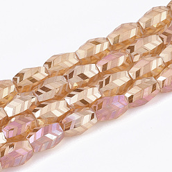 Coral Electroplate Glass Beads Strands, Frosted, Faceted, Barrel, Coral, 7.5x7.5x11mm, Hole: 1.2mm, about 60pcs/strand, 25.9 inch