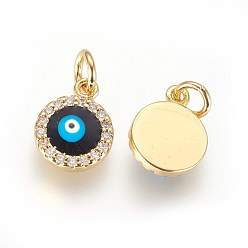 Golden Brass Micro Pave Cubic Zirconia Charms, with Enamel and Jump Ring, Evil Eye, Golden, 11x9x3mm, Hole: 3mm