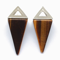 Tiger Eye Natural Tiger Eye Pendants, with Alloy Findings, Triangle, Platinum, 34x14x14.5mm, Hole: 4x6mm