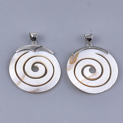 Seashell Color Freshwater Shell Pendants, with Alloy Findings, Flat Round with Vortex, Platinum, 49.5x44.5x4mm, Hole: 6x8mm