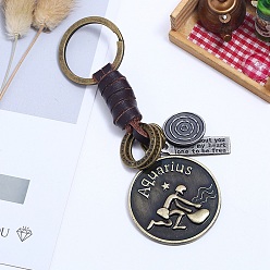 Gemini Punk Style Woven Flat Round with 12 Constellation Leather Keychain, for Car Key Pendant, Gemini, 11cm