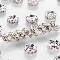 Silver Brass Rhinestone Spacer Beads, Grade A, Crystal, Wavy Edge, Rondelle, Silver Color Plated, 5x2.5mm, Hole: 1mm