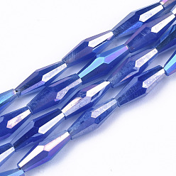 Синий Стеклянные бусины с гальваническим покрытием , с покрытием AB цвета, искусственное нефритовое стекло, граненые двухконусные, синие, 12x4 мм, отверстие : 0.8 мм, около 59~60 шт / нитка, 27.56 дюйм (70 см)