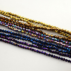 Color mezclado Abalorios de vidrio electrochapdo, arco iris chapado, bicono facetados, color mezclado, 3x3.5 mm, agujero: 1 mm, sobre 125~130 unidades / cadena, 18 pulgada