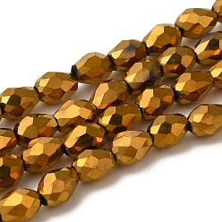 Golden Plated Electroplate Glass Beads Strands, Faceted, teardrop, Golden Plated, 12x8mm, Hole: 1mm, about 60pcs/strand, 27.1 inch
