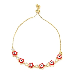 Red Clear Cubic Zirconia & Enamel Star with Evil Eye Links Slider Bracelet, Gold Plated Brass Jewelry for Women, Lead Free & Cadmium Free, Red, 10-5/8 inch(27cm)