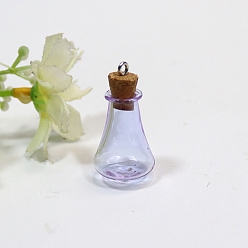 Violet Empty Small Glass Cork Vase Pendants, Wishing Bottle Charms with Platinum Plated Iron Loops, Violet, 16x27mm