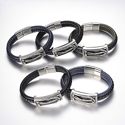 Couleur Mélangete Tressés bracelets cordon en cuir pour hommes, avec 304 accessoires en acier inoxydable et les fermoirs magnétiques, rectangle avec ancre, couleur mixte, 8-5/8 pouces (220 mm)