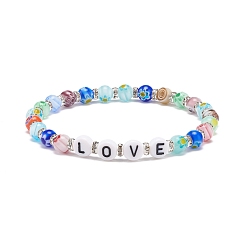 Letter Bracelet mot d'amour, Bracelet extensible coloré en perles de verre et d'acrylique millefiori pour femme, Motif de lettre, diamètre intérieur: 2-1/8 pouce (5.5 cm)