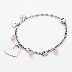Stainless Steel Color 304 Stainless Steel Bracelets, with Natural Rose Quartz and Heart Pendants, Stainless Steel Color, 7-1/4 inch(185mm)