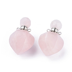 Rose Quartz Faceted Natural Rose Quartz Openable Perfume Bottle Pendants, with 304 Stainless Steel Findings, Peach Shape, Stainless Steel Color, 35~36x18~18.5x21~21.5mm, Hole: 1.8mm, Bottle Capacity: 1ml(0.034 fl. oz)