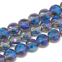 Royal Blue Electroplate Glass Beads Strands, Rainbow Plated, Faceted, Flat Round, Royal Blue, 8x5mm, Hole: 1.2mm, about 69~72pcs/strand, 21.26 inch