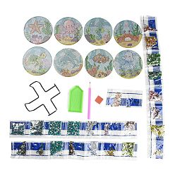 Mixed Color DIY Marine Animal Theme Diamond Painting Round Wood Cup Mat Kits, Including Coster Holder, Resin Rhinestones, Diamond Sticky Pen, Tray Plate and Glue Clay, Mixed Color, Packaging: 130x126x80mm