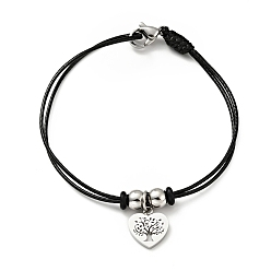 Stainless Steel Color 304 Stainless Steel Heart with Tree of Life Charm Bracelet with Waxed Cord for Women, Stainless Steel Color, 7 inch(17.8cm)