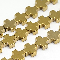 Plateado en Oro Electroplate no magnéticas de hematita sintética hebras de cuentas, cruzar, oro chapado, 10x10x4 mm, agujero: 1 mm, sobre: 39 unidades / cadena, 15.7 pulgada