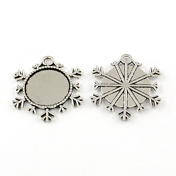 Antique Silver Tibetan Style Zinc Alloy Snowflake Pendant Cabochons Settings, Lead Free & Cadmium Free, Antique Silver, Flat Round Tray: 25mm, 42.5x42.3x2mm, Hole: 4mm, about 69pcs/500g