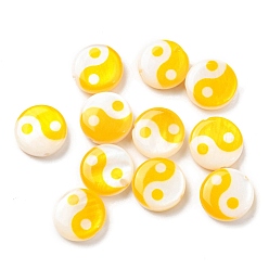 Gold Printed Natural Freshwater Shell Beads, Yin Yang Flat Round Beads, Gold, 8x2.5~3mm, Hole: 0.8mm