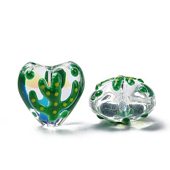 Green Handmade Lampwork Enamel Beads Strands, Heart with Cactus, Green, 13.5x14x8~9mm, Hole: 1.2mm, about 30pcs/strand