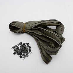 Olive Nylon Garment Accessories, Zip-fastener Component Sets, Nylon Zipper & Alloy Zipper Puller, Olive, 1000x29mm, Pull Head: 34.5x9.5x7.5mm