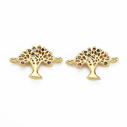 Golden Brass Micro Pave Cubic Zirconia Links, Tree, Colorful, Golden, 13x18.5x2.5mm, Hole: 1mm