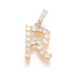 Letter R Golden Plated Brass Micro Pave Clear Cubic Zirconia Pendants, Long-Lasting Plated, Letter, Letter.R, 23x14.5.5x3.5mm, Hole: 7.5x3.5mm