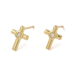 Real 18K Gold Plated Rack Plating Brass Cross Stud Earrings, with Cubic Zirconia, Lead Free & Cadmium Free, Real 18K Gold Plated, 10x7mm