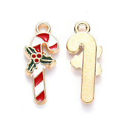 Red Alloy Enamel Pendants, for Christmas, Candy Cane, Light Gold, Red, 19x7.5x2mm, Hole: 1.5mm